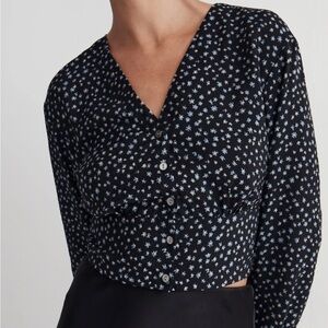 Madewell V-Neck Button-Front Long Sleeve Shirt, Black with Blue Flowers, Size S